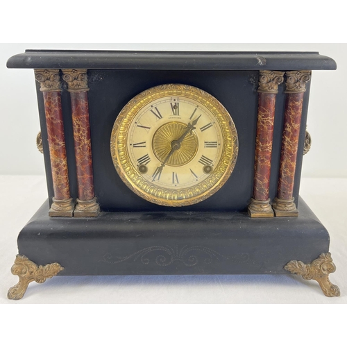 1163 - A slate style wooden cased mantel clock with marble look column detail. Dial marked 'Sessions', comp... 