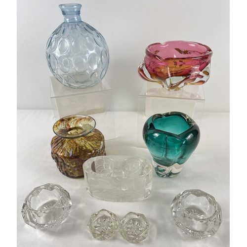 1193 - A collection of assorted clear and coloured glass items. To include 2 heavy studio glass ashtrays/bo... 