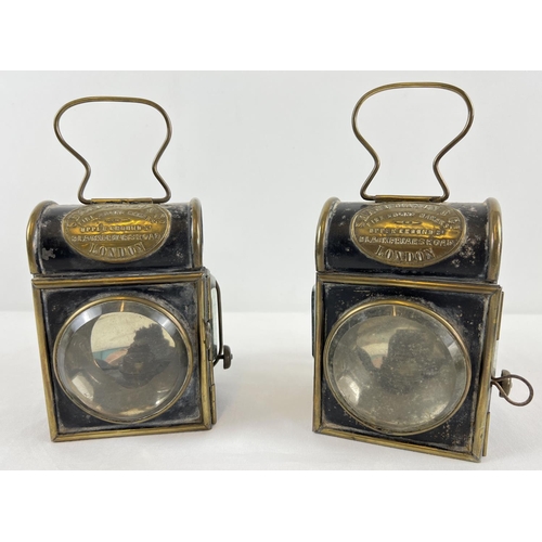 1207 - A pair of Shand Mason & Co oil powered fire engine lamps. Dome topped lamps with square shaped bodie... 