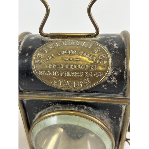 1207 - A pair of Shand Mason & Co oil powered fire engine lamps. Dome topped lamps with square shaped bodie... 