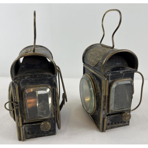 1207 - A pair of Shand Mason & Co oil powered fire engine lamps. Dome topped lamps with square shaped bodie... 