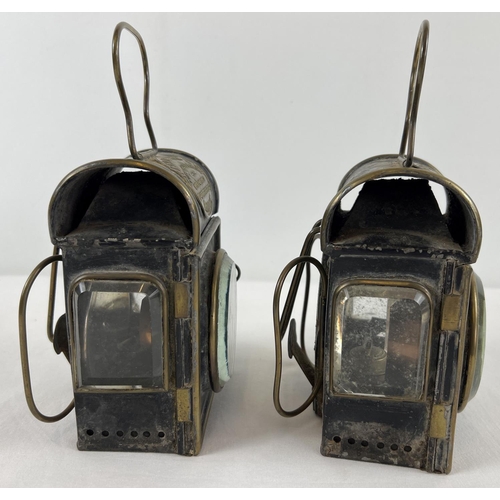 1207 - A pair of Shand Mason & Co oil powered fire engine lamps. Dome topped lamps with square shaped bodie... 