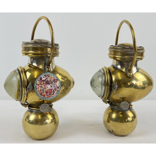 1208 - A pair of 1920's Sherwood Linley Ltd brass oil powered automobile lamps. Named to wick winders and c... 