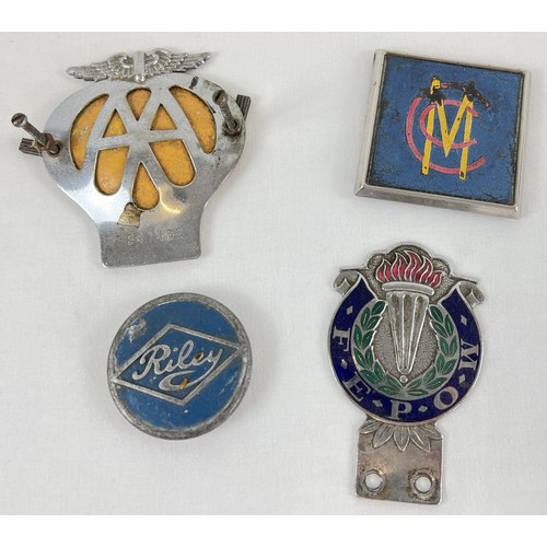 1212 - 4 vintage metal car badges. Comprising; AA badge, Riley, Motor Car Company and a Far East Prisoners ... 