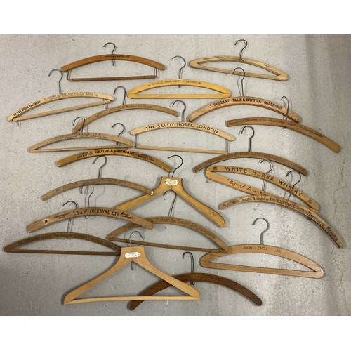 1273 - 20 vintage wooden advertising coat hangers for hotels, tailors and cleaners. To include Goddard's of... 