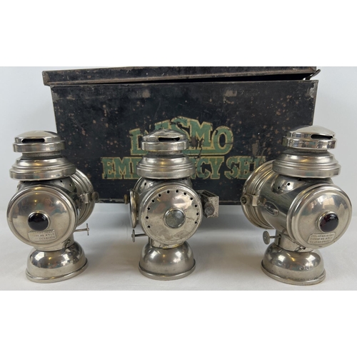 1214 - Desmo Emergency Set - a set of 3 early 20th century Desmo, Birmingham, motor car lamps. In original ... 