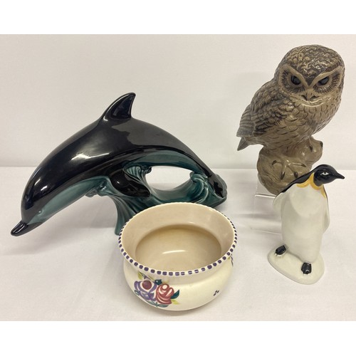 1186 - 4 items of vintage Poole pottery. A large dolphin, large owl signed by Barbara Linley Adams, penguin... 