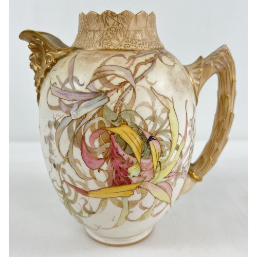 1187 - An antique Royal Doulton Burslem blush hand painted jug with floral decoration and gilt detail. Circ... 