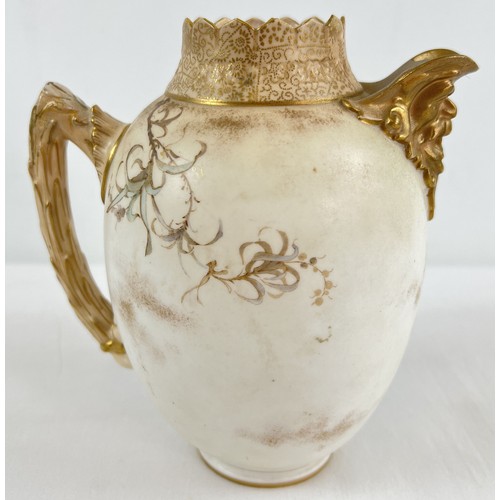 1187 - An antique Royal Doulton Burslem blush hand painted jug with floral decoration and gilt detail. Circ... 