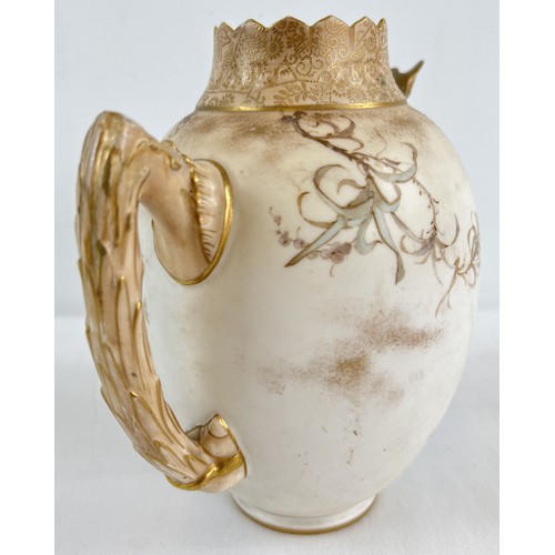 1187 - An antique Royal Doulton Burslem blush hand painted jug with floral decoration and gilt detail. Circ... 