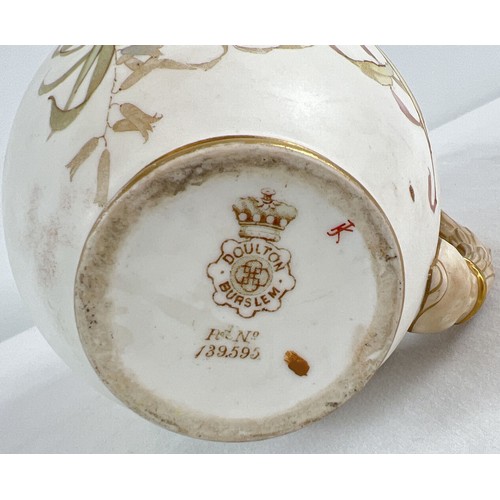 1187 - An antique Royal Doulton Burslem blush hand painted jug with floral decoration and gilt detail. Circ... 