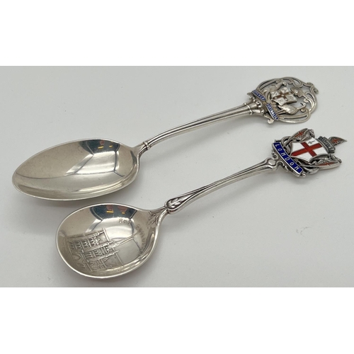 1137 - 2 antique silver souvenir spoons with enamelled crested finials to handles. One with St. George flag... 