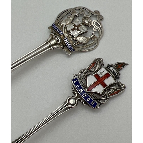 1137 - 2 antique silver souvenir spoons with enamelled crested finials to handles. One with St. George flag... 