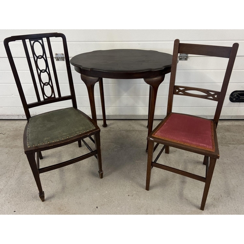 1319 - 3 items of Edwardian dark oak furniture. 2 bedroom chairs together with an oval topped occasional ta... 