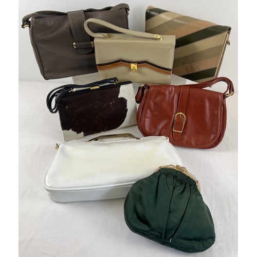 22 - 7 assorted vintage handbags. To include 'Interwainer' suede lined pony skin kelly bag, 'Renata' sued... 