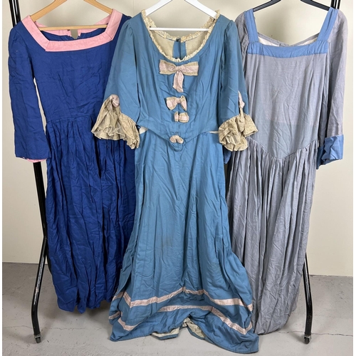 62 - 3 theatre costume period style dresses in shades of blue.