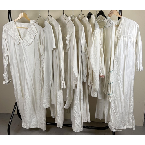 78 - 9 vintage white cotton night shirts, dresses and undergarments.