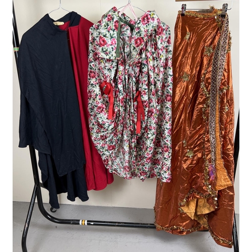 86 - 3 theatre costume capes in varying materials and styles.