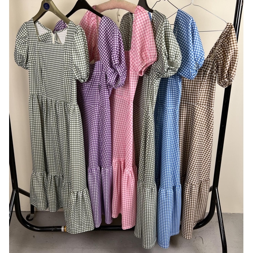 87 - 6 matching theatre costume dresses in varying colours.