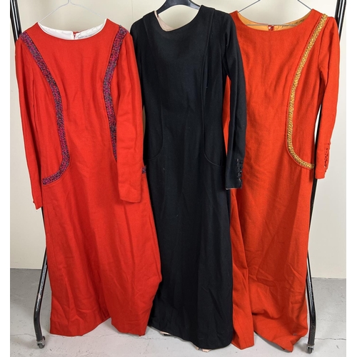 94 - 3 medieval style long wool theatre costume tunics with button detail to sleeves and backs.