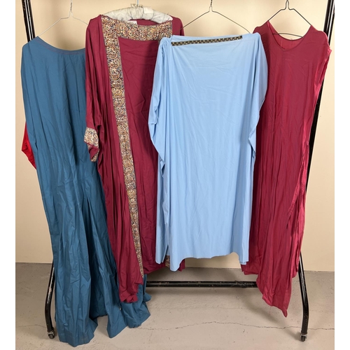 95 - 4 theatre costume medieval style long tunics in varying colours.