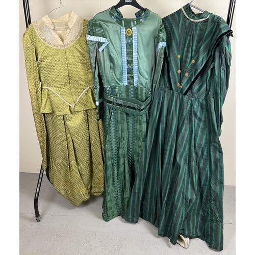 97 - 3 vintage Victorian style theatre costume dresses in green tones.