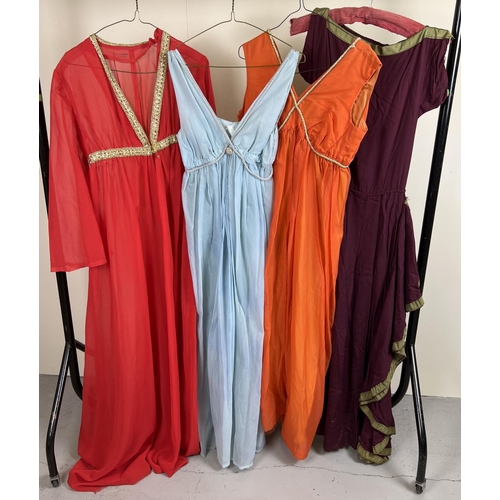 102 - 4 theatre costume Grecian style full length dresses in varying colours.