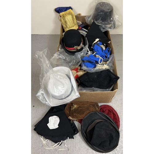 162 - A box of theatre costume hats and accessories.