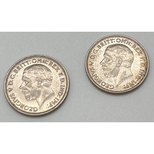 6 - 2 George V 1932 uncirculated and lustred sixpence coins.