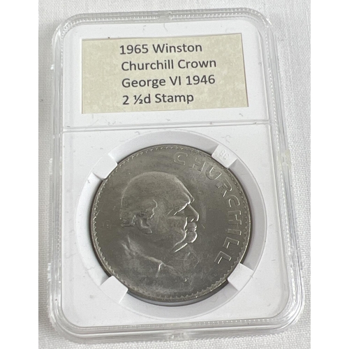 29 - A cased collectors 1965 Churchill crown coin with a 1946 George VI 2½D blue stamp.