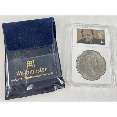 30 - A cased collectors 1965 Churchill crown with 1946 George VI 4d stamp depicting Sir Winston Churchill... 