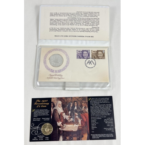 34 - A 1973 Princess Anne & Mark Phillips commemorative sterling silver proof coin with 2 stamp first day... 