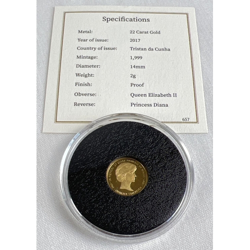 35 - A 2017 limited edition 22ct gold Tristan da Cunha Princess Diana quarter sovereign in clear presenta... 