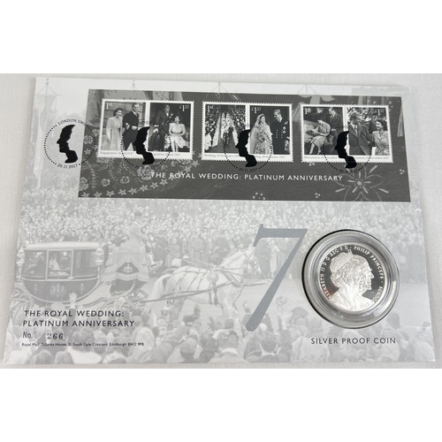 36 - A 2017 Royal Mint Platinum Wedding Anniversary silver proof £5 coin and stamp first day cover presen... 