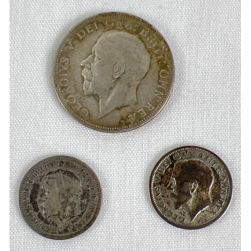 42 - 3 George V silver coins. A 1928 one florin, 1925 sixpence and 1936 sixpence.