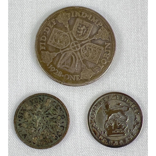 42 - 3 George V silver coins. A 1928 one florin, 1925 sixpence and 1936 sixpence.