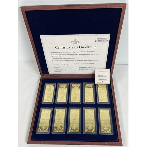 46 - A 2017 wooden cased proof set of 10 Windsor Mint Million Dollar Collection gold plated ingots. Limit... 