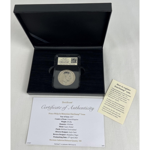 49 - A cased encapsulated Prince Philip In Memoriam Date Stamp £5 Issue coin. 17th April 2021. Complete w... 