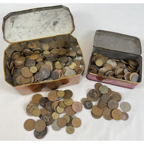 52 - 2 tins of antique and vintage British and foreign coins. To include sovereign heads of Victoria, Geo... 