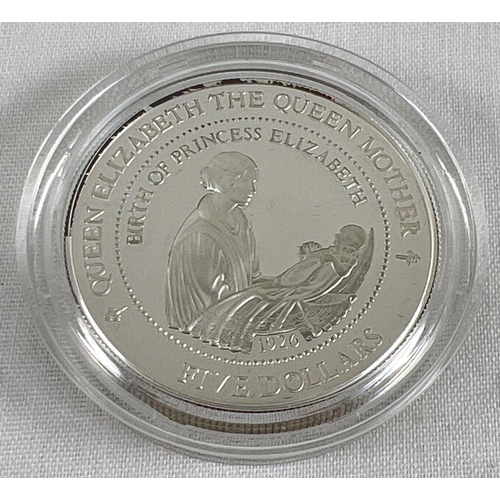 55 - A 1994 silver proof New Zealand 5 dollar coin - Queen Elizabeth, The Queen Mother, Birth Of Princess... 