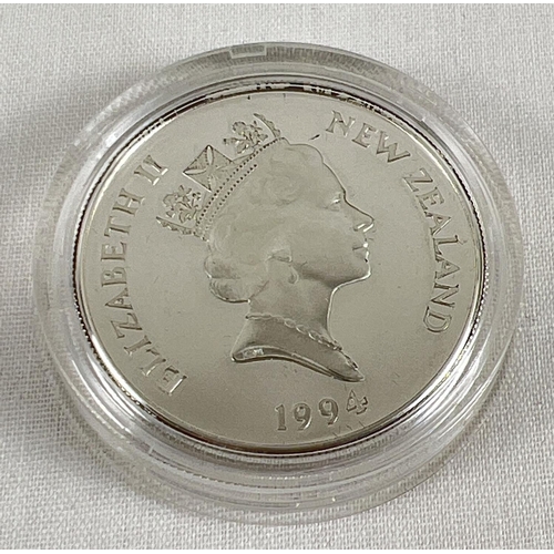 55 - A 1994 silver proof New Zealand 5 dollar coin - Queen Elizabeth, The Queen Mother, Birth Of Princess... 