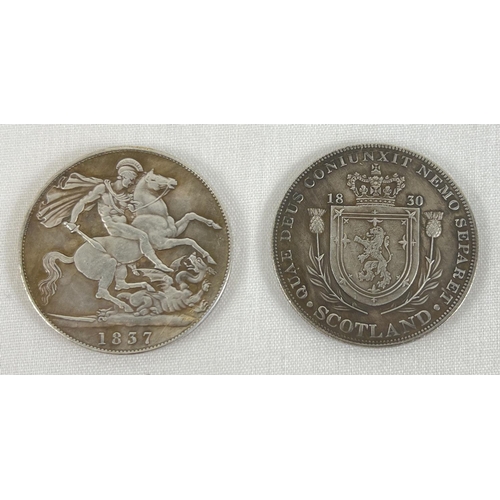 57 - 2 Georgian Fantasy crown coins, both William IV. One with Scottish thistle design, 1830 the other 18... 