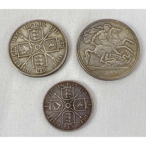 64 - 3 Queen Victoria Jubilee head silver coins. An 1887 florin, an 1888 double florin and an 1891 crown.