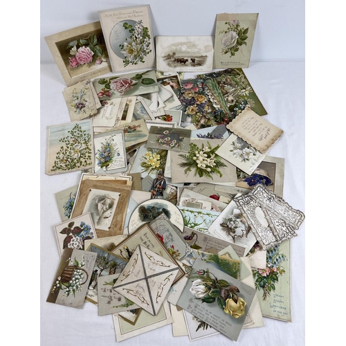 299 - A tray of assorted Victorian & Edwardian greetings cards and scraps.