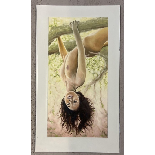 1329 - Krys Leach, local artist - large nude oil on canvas board, on a white mount, entitled 