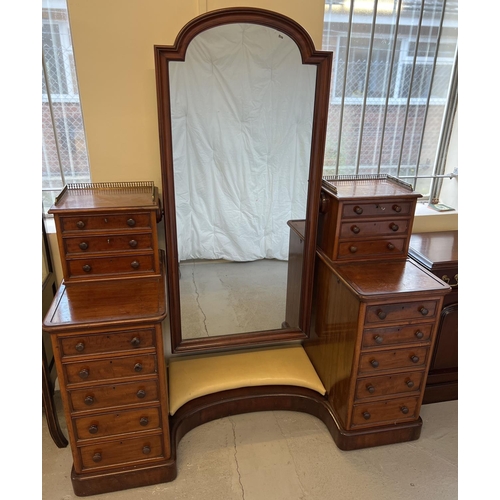 1342 - A Victorian mahogany twin pedestal cheval mirror dressing/vanity chest. With 5 drawer pedestals, eac...