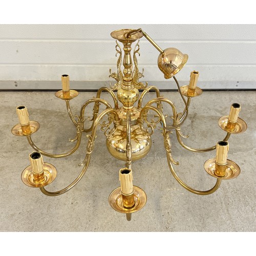 1338 - A large vintage 8 arm brass electrical ceiling light fitting with classical fish detail. Approx. 86c... 