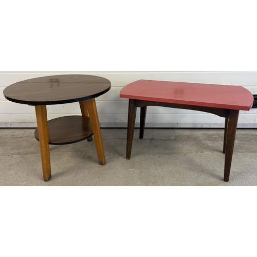 1356 - 2 vintage mid century Formica topped coffee style tables. A circular black topped table with under s... 