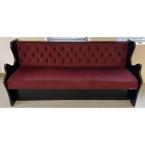 1360 - A vintage painted black wooden bench seat with button backed red velour upholstery and shaped ends. ... 