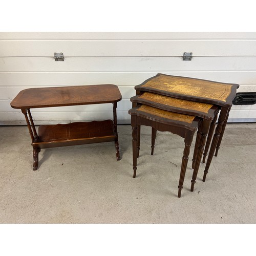 1345 - A vintage dark wood nest of 3 tables with tan coloured leather inserts to tops. Together with a vint... 